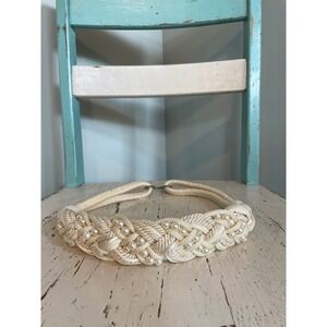 Vintage Braided Rope Belt Cream Faux Pearl Accents Silver Hook Thick 29 Inch